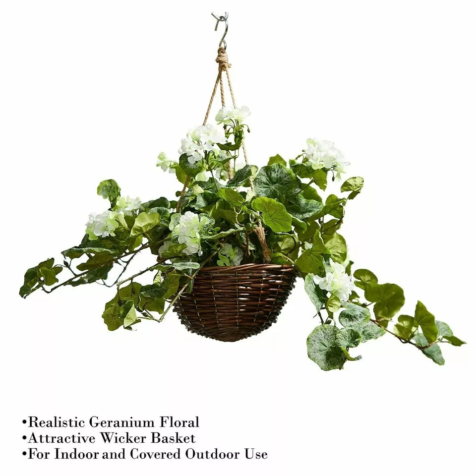 Faux Flower Hanging Basket White Geranium Patio Indoor Garden Lifelike Decor
